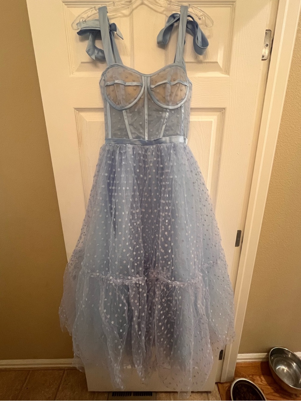 Light Blue Swiss Dot Corset Dress Size 8 | Lace-Up Back | Tea Length Tulle Dress